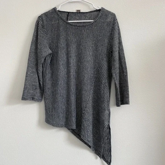 Poetry Top Women 4 Striped Linen Classic Asymmetrical Coastal Preppy Lagenlook - Picture 12 of 12
